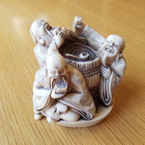 Japanese Okimomo Style Resin Figurine Three Men Drinking Around a Barrel